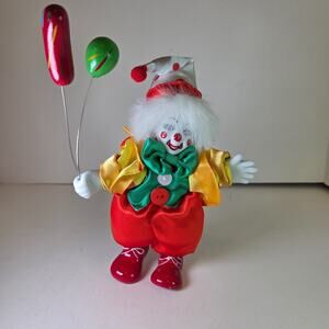 Vintage Porcelain Clown Doll Holding Balloons Fabric Body Red Yellow 7.5"
